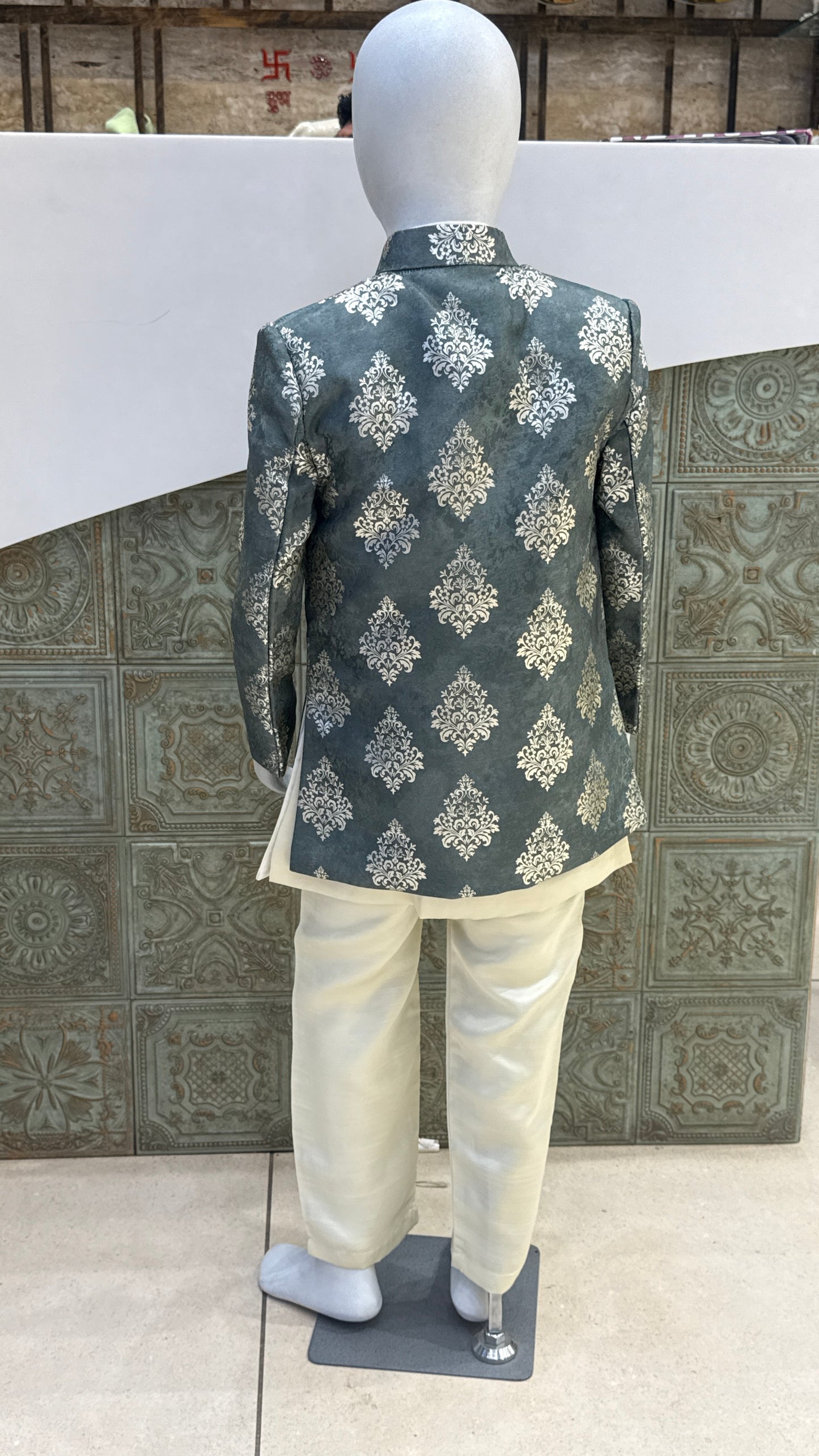 Grey and Silver Embroidered Indo-Western Jacket for Boys
