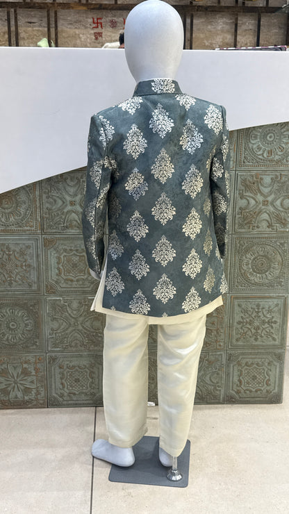 Grey and Silver Embroidered Indo-Western Jacket for Boys