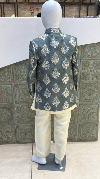 Grey and Silver Embroidered Indo-Western Jacket for Boys