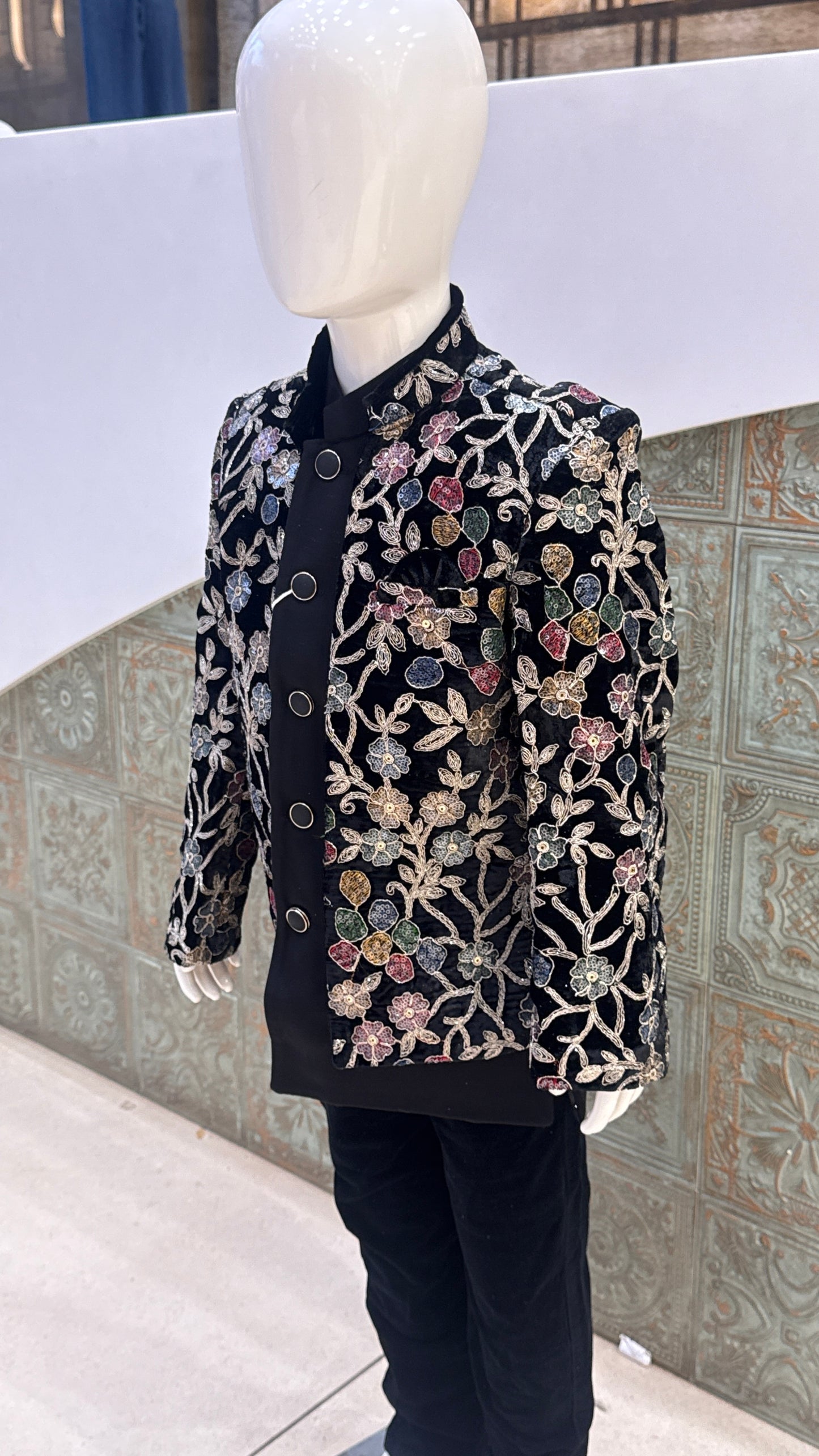 Black Embroidered Indo-Western Jacket with Floral Design for Boys