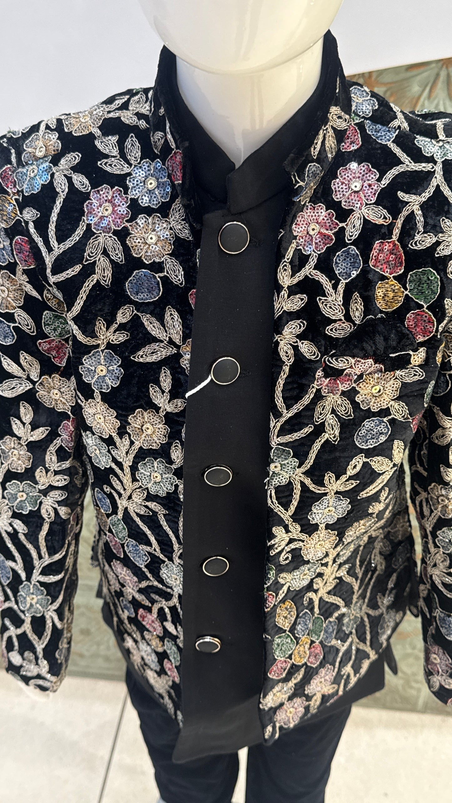 Black Embroidered Indo-Western Jacket with Floral Design for Boys