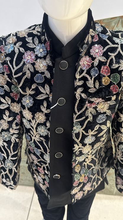 Black Embroidered Indo-Western Jacket with Floral Design for Boys