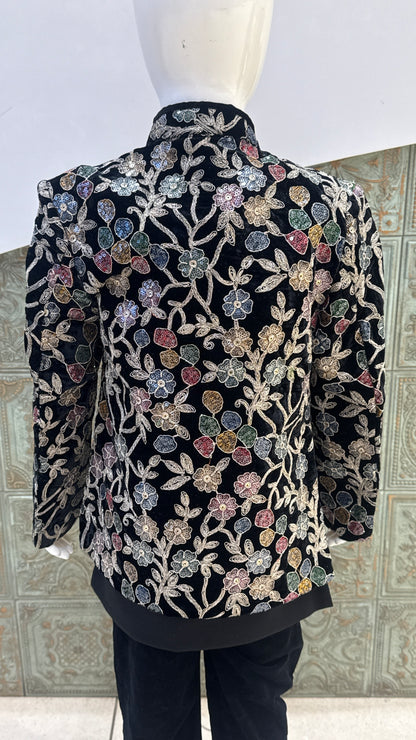 Black Embroidered Indo-Western Jacket with Floral Design for Boys