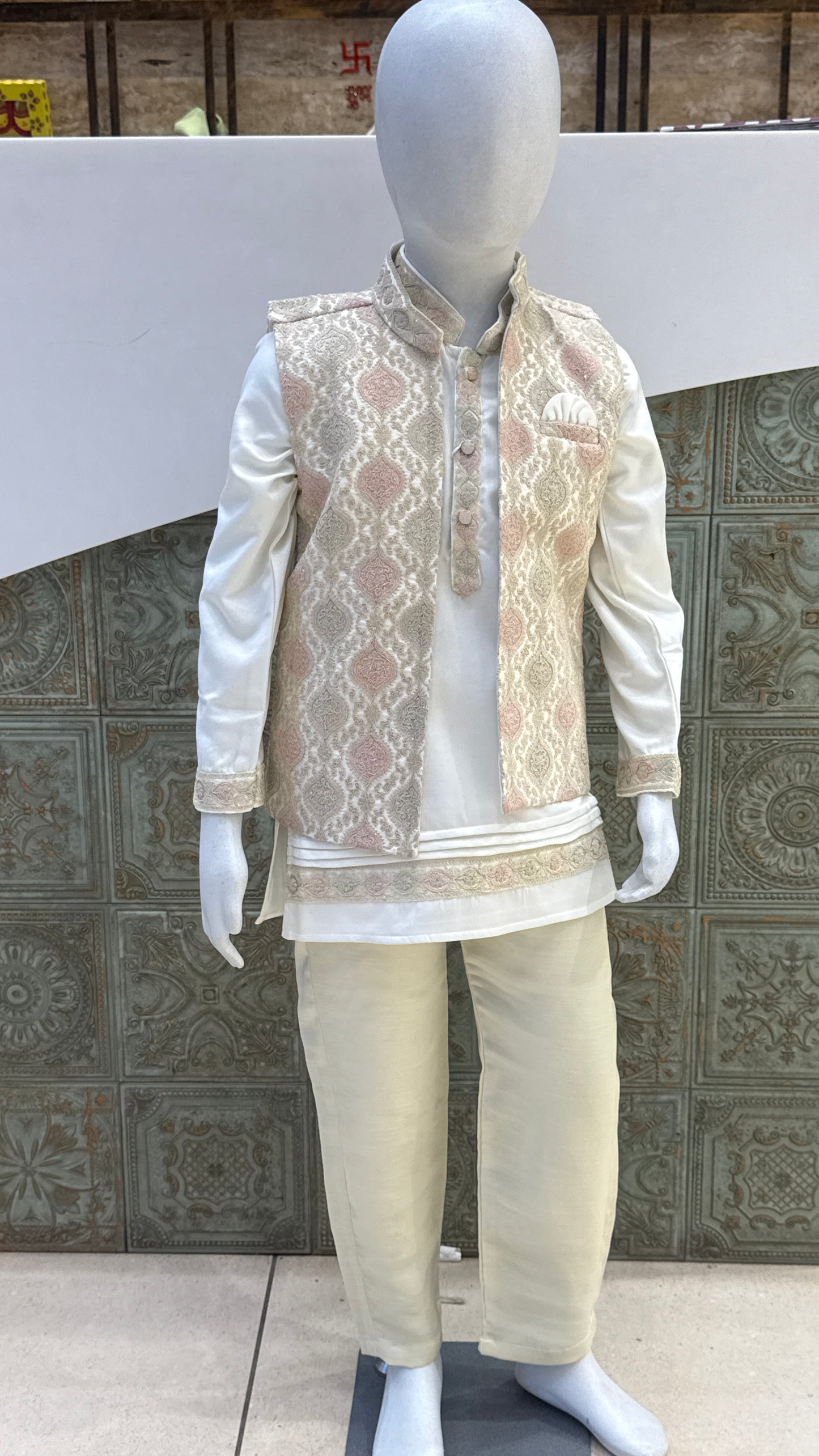 White Embroidered Indo-Western Jacket with Pastel Accents for Boys