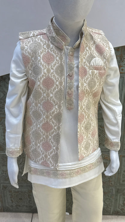White Embroidered Indo-Western Jacket with Pastel Accents for Boys