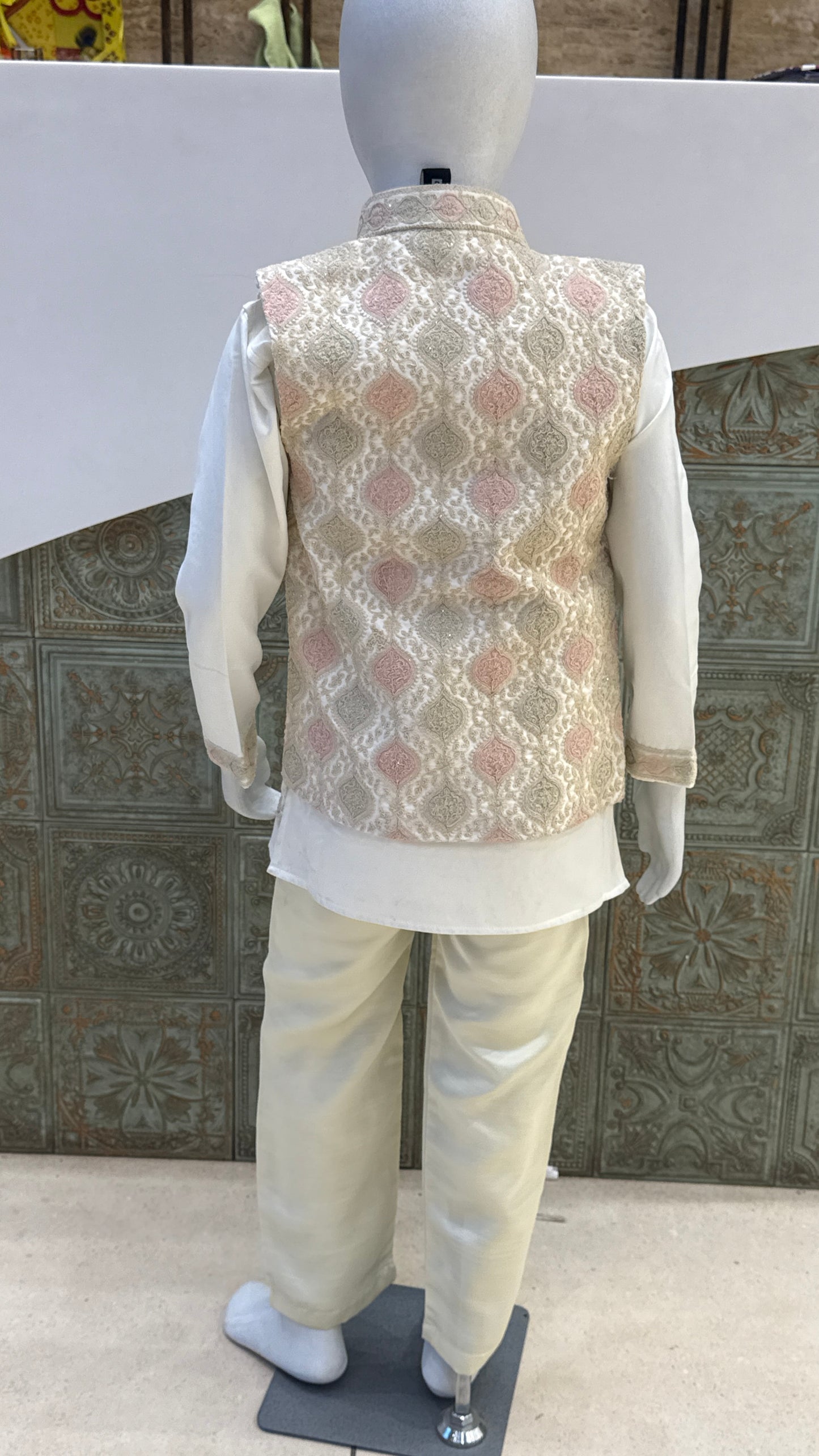 White Embroidered Indo-Western Jacket with Pastel Accents for Boys