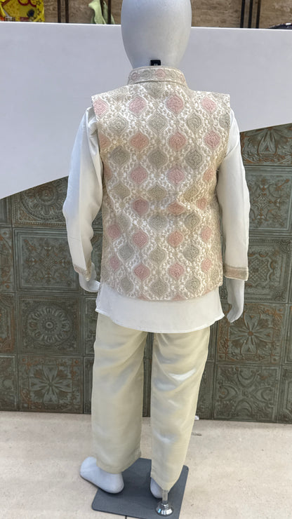 White Embroidered Indo-Western Jacket with Pastel Accents for Boys