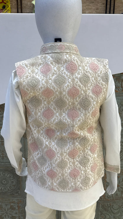 White Embroidered Indo-Western Jacket with Pastel Accents for Boys