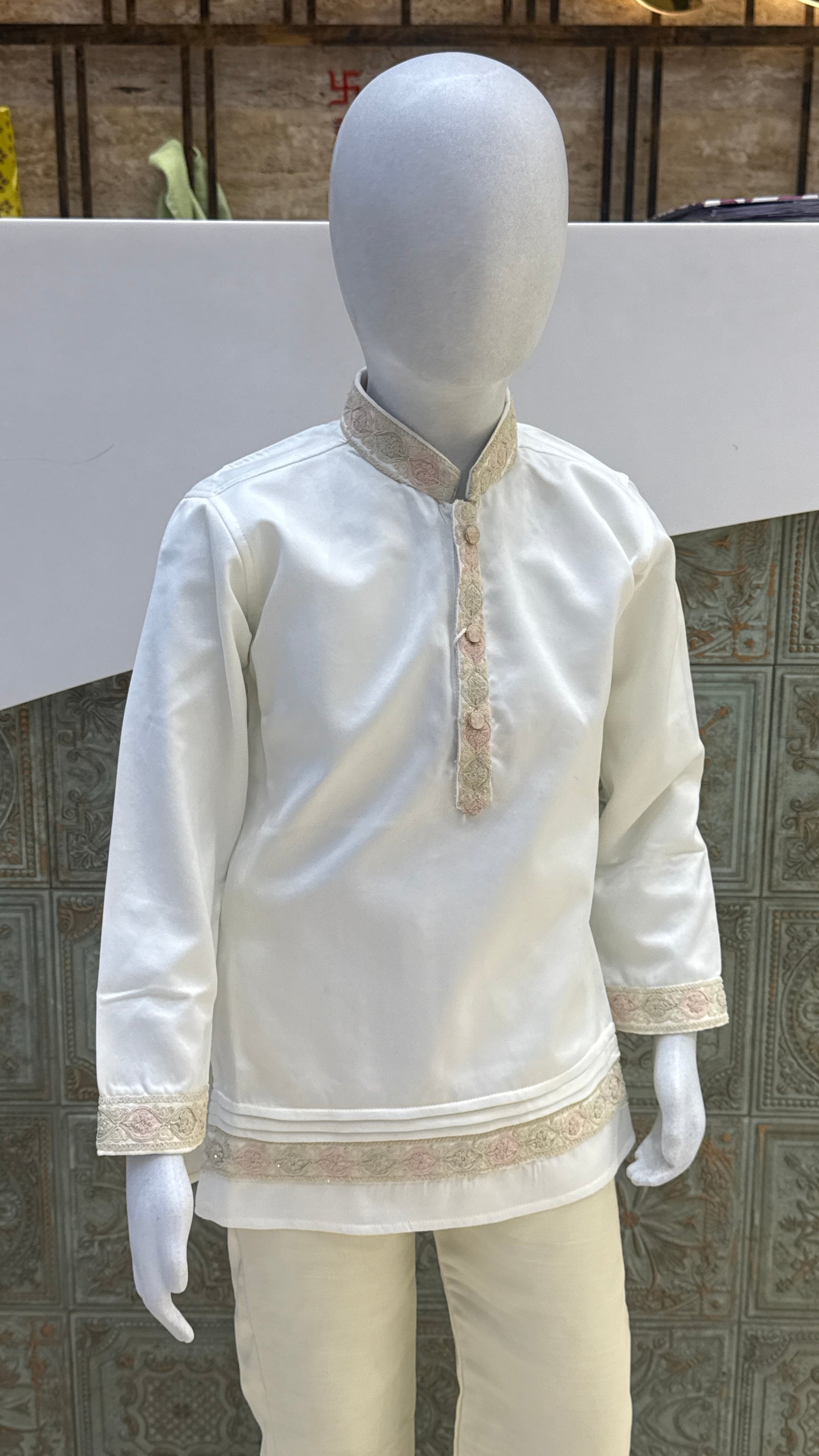 White Embroidered Indo-Western Jacket with Pastel Accents for Boys