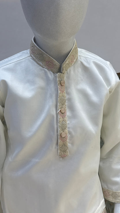 White Embroidered Indo-Western Jacket with Pastel Accents for Boys