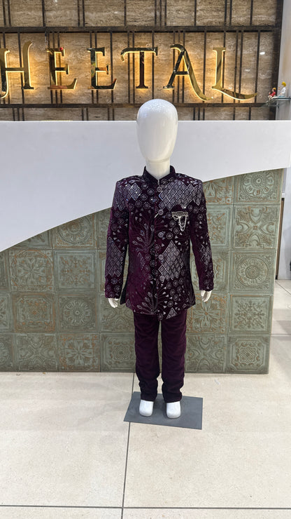 Purple and Silver Embroidered Indo-Western Jacket for Boys