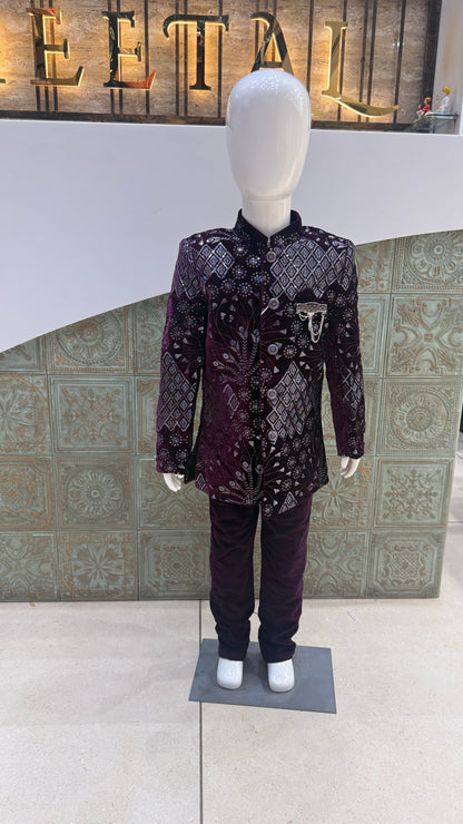 Purple and Silver Embroidered Indo-Western Jacket for Boys