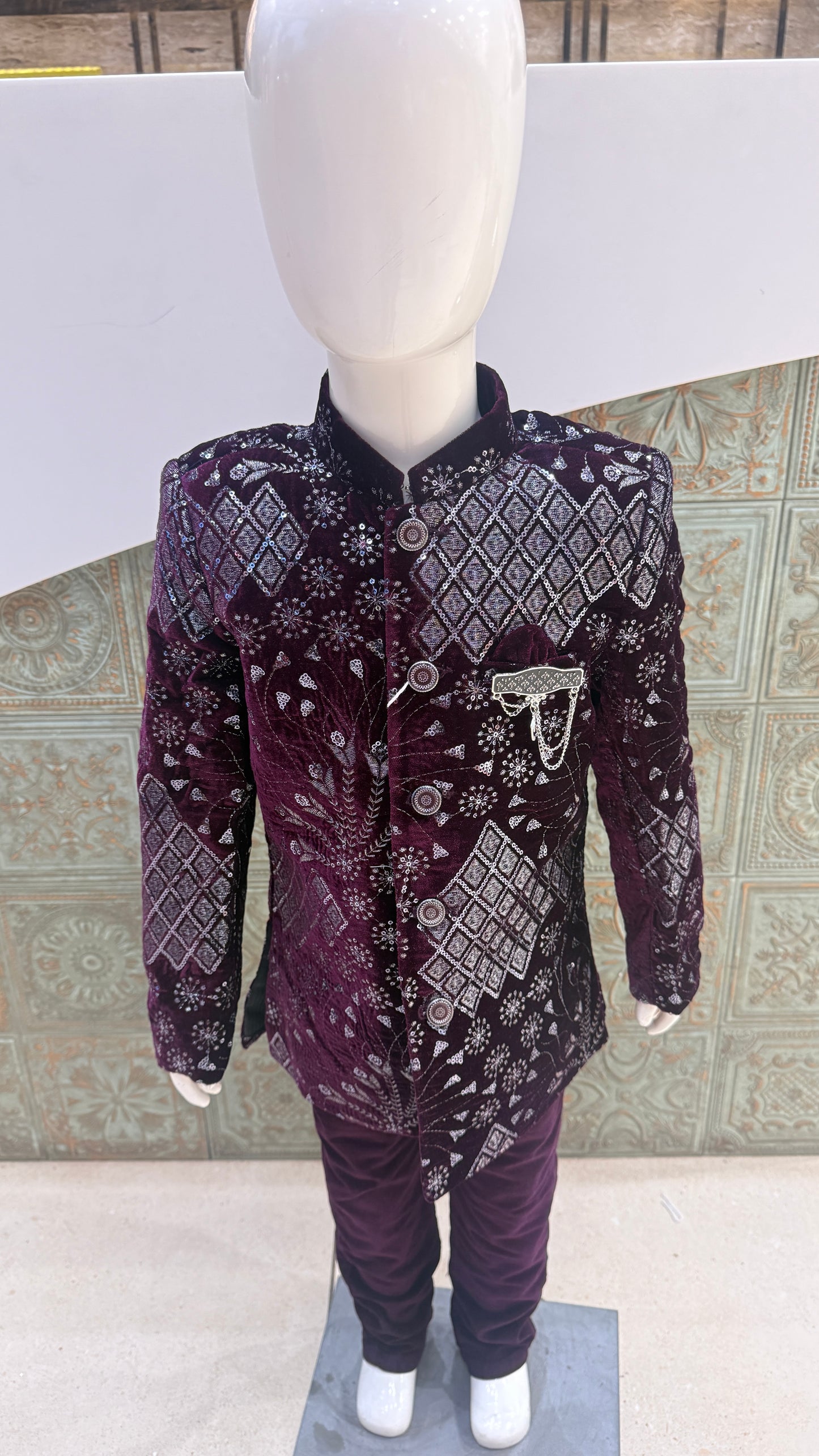 Purple and Silver Embroidered Indo-Western Jacket for Boys