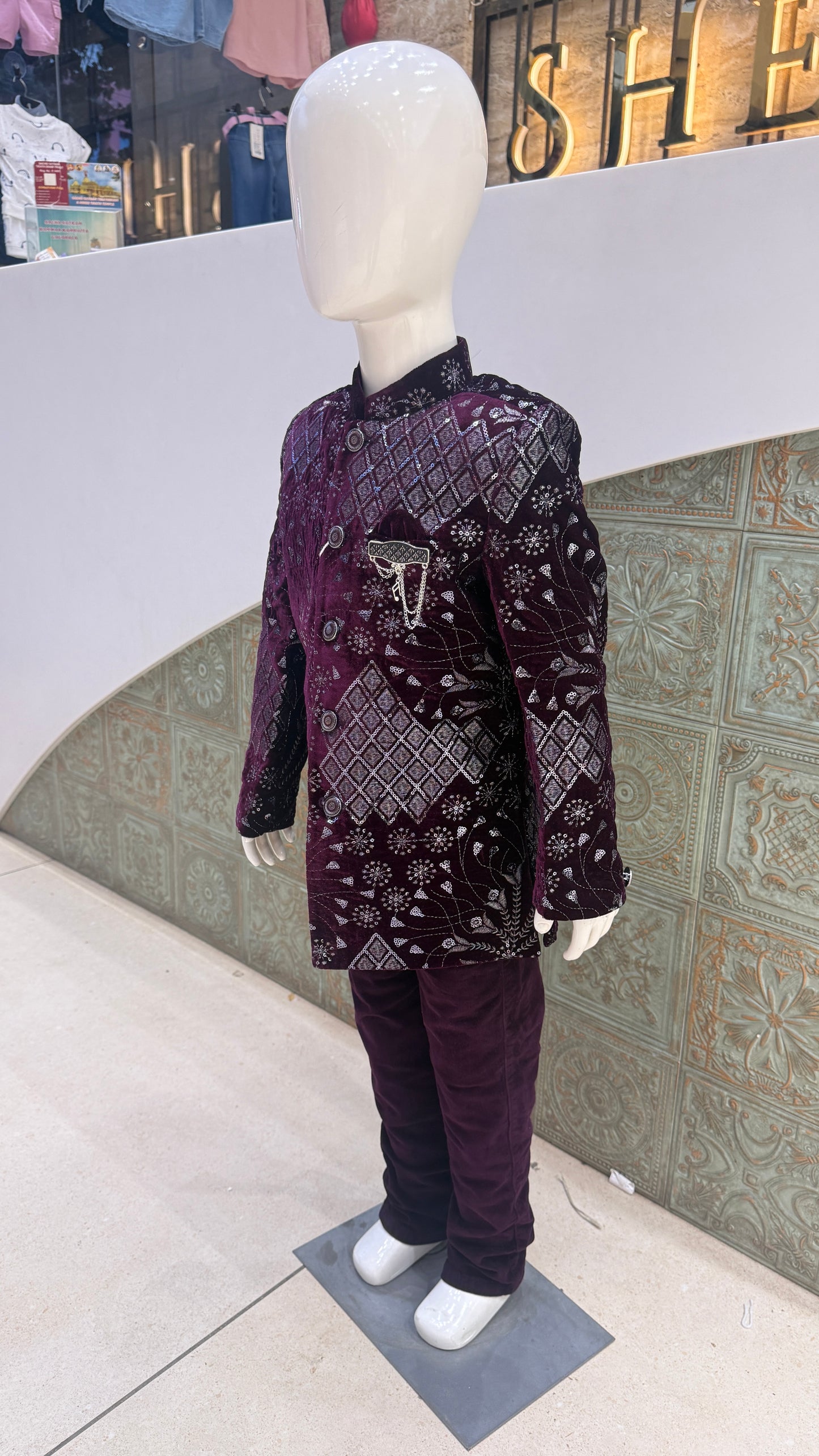 Purple and Silver Embroidered Indo-Western Jacket for Boys