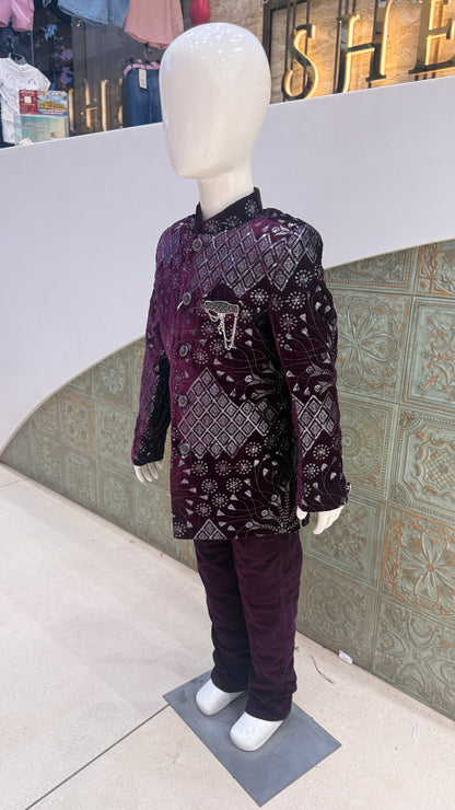 Purple and Silver Embroidered Indo-Western Jacket for Boys
