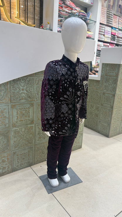 Purple and Silver Embroidered Indo-Western Jacket for Boys