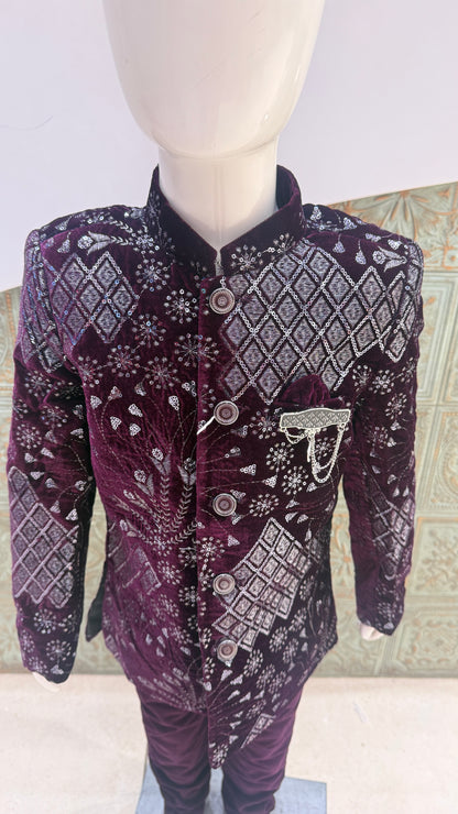 Purple and Silver Embroidered Indo-Western Jacket for Boys
