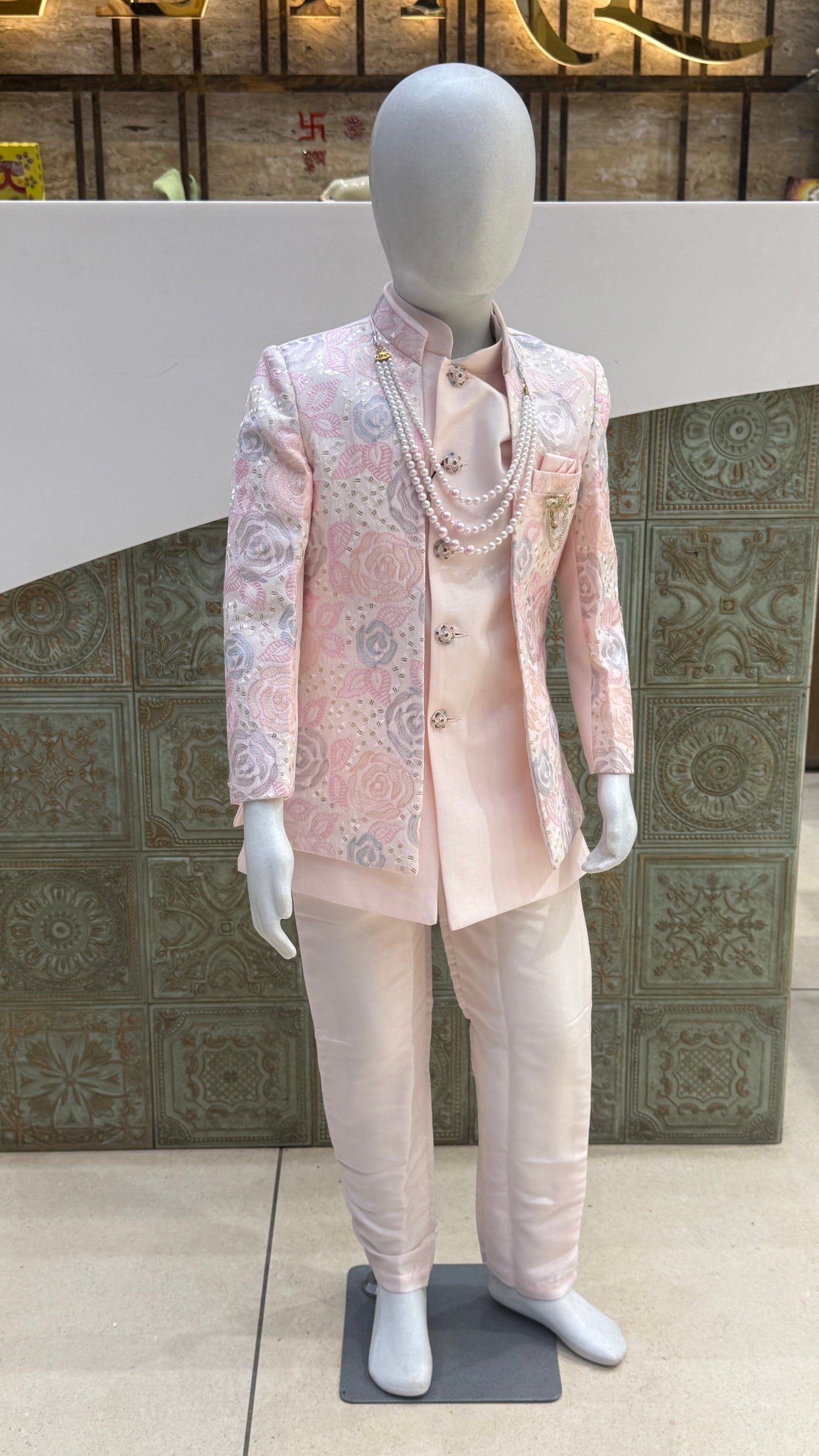 Pink and Silver Embroidered Indo-Western Jacket for Boys