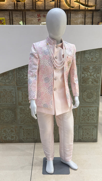 Pink and Silver Embroidered Indo-Western Jacket for Boys