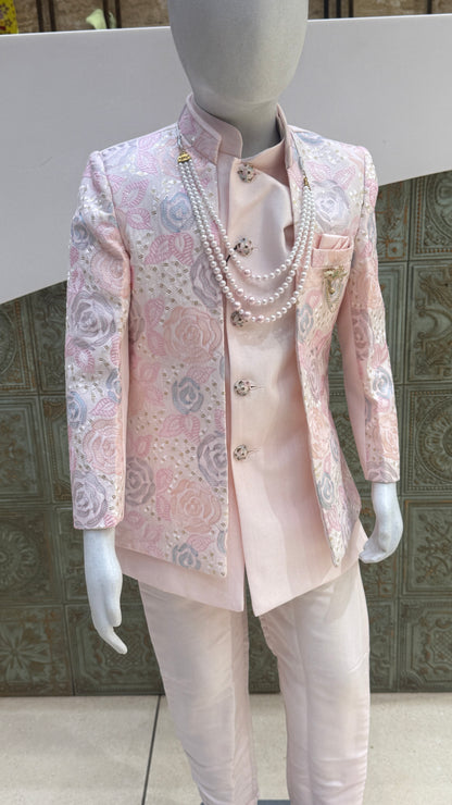 Pink and Silver Embroidered Indo-Western Jacket for Boys