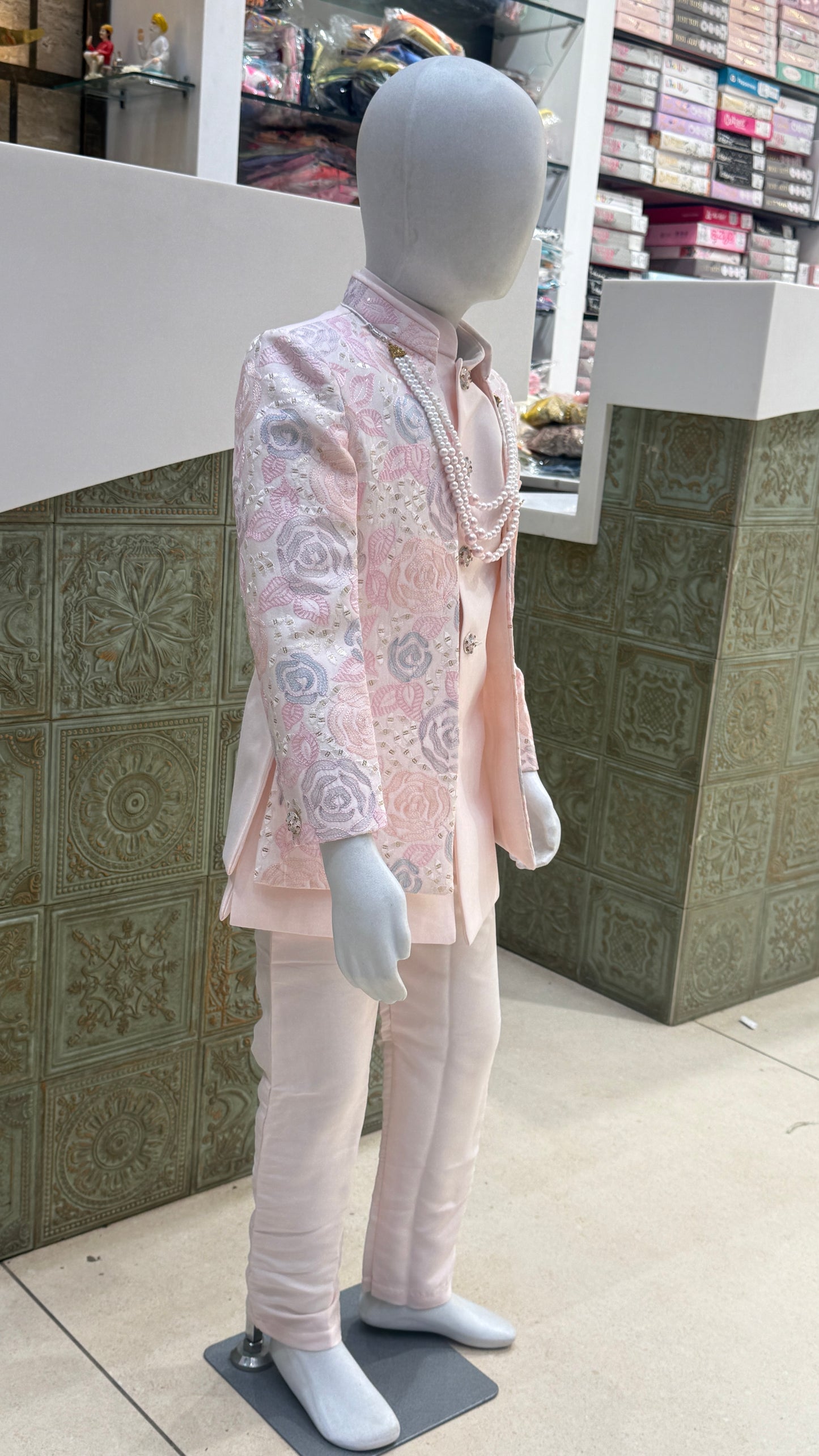 Pink and Silver Embroidered Indo-Western Jacket for Boys