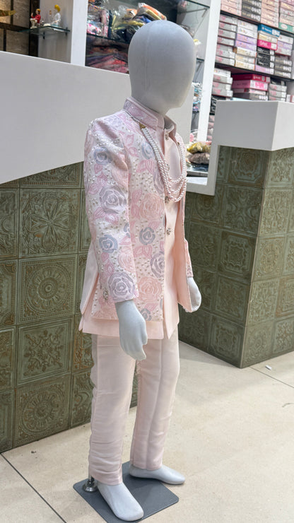 Pink and Silver Embroidered Indo-Western Jacket for Boys