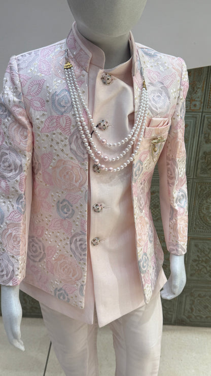 Pink and Silver Embroidered Indo-Western Jacket for Boys
