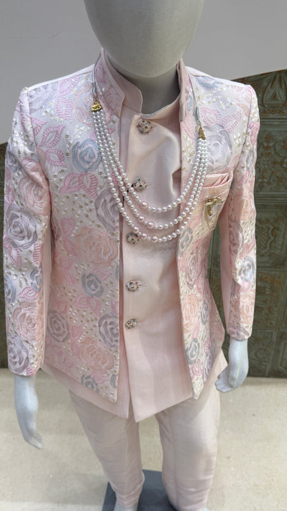 Pink and Silver Embroidered Indo-Western Jacket for Boys