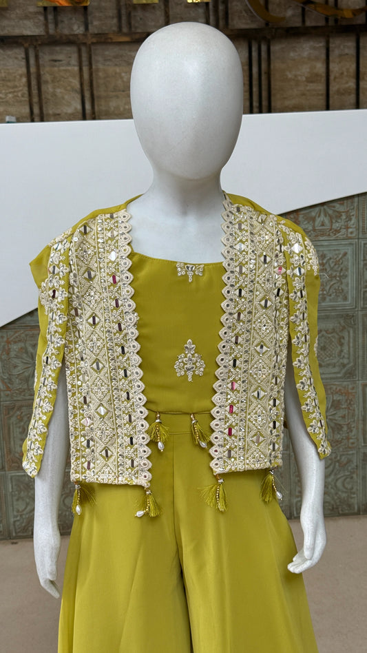 Girls Embroidered Lace Shrug Palazzo Set