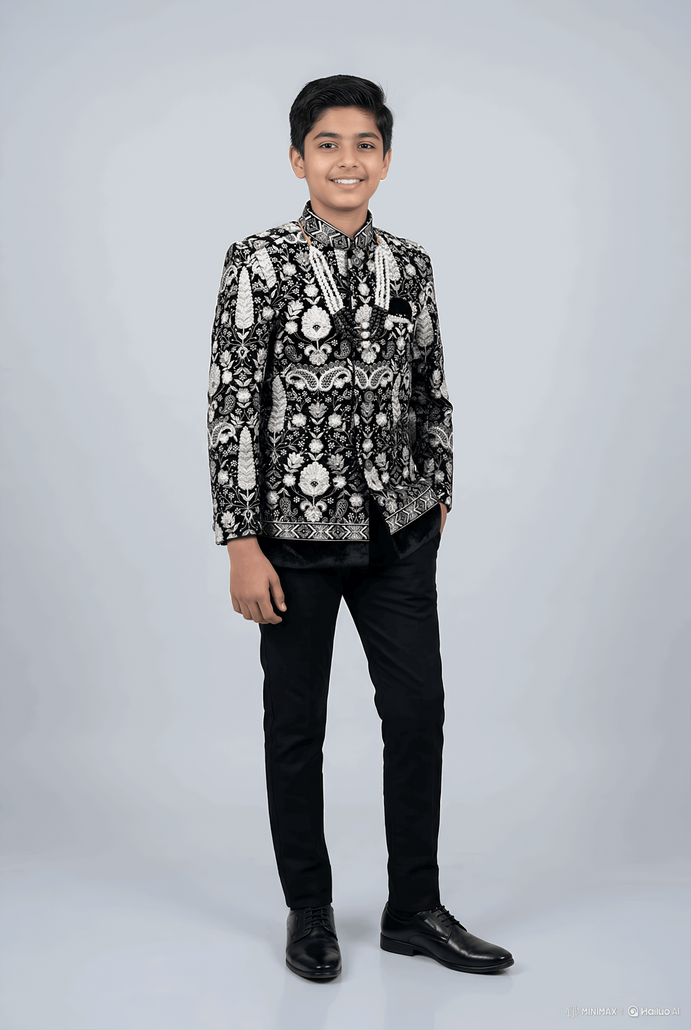 Black and Silver Embroidered Indo-Western Jacket with Pearls for Boys
