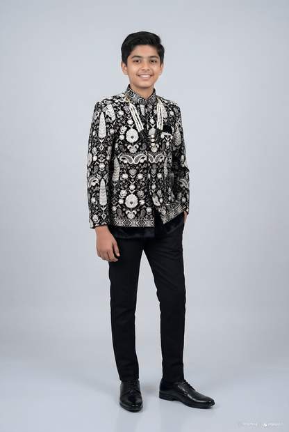 Black and Silver Embroidered Indo-Western Jacket with Pearls for Boys