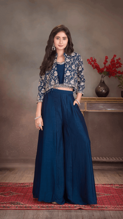 Navy Blue Palazzo Set with Embroidered Jacket for Girls