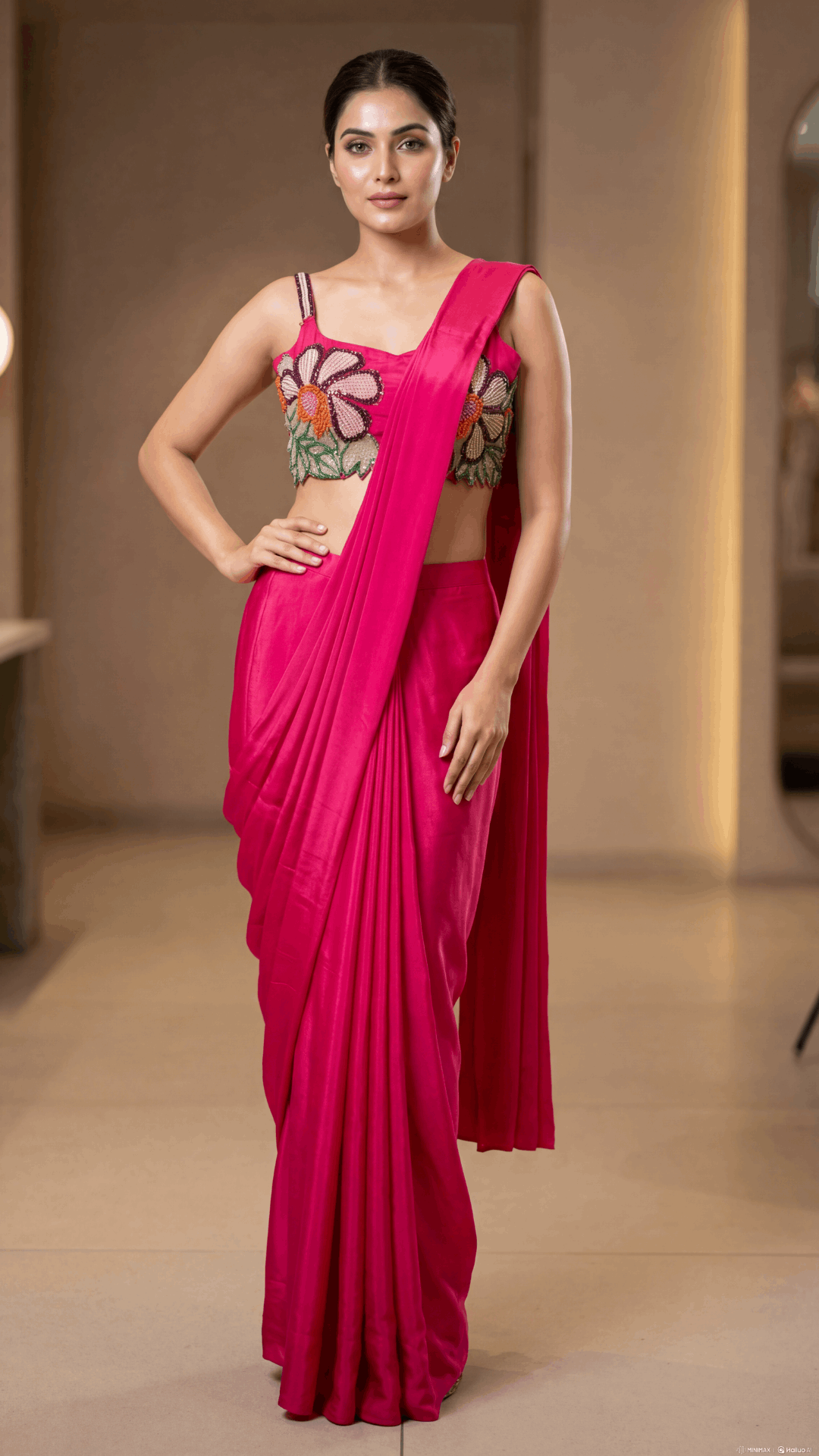 Hot Pink Pre-Draped Saree with Heavy Floral Beaded Blouse for Women