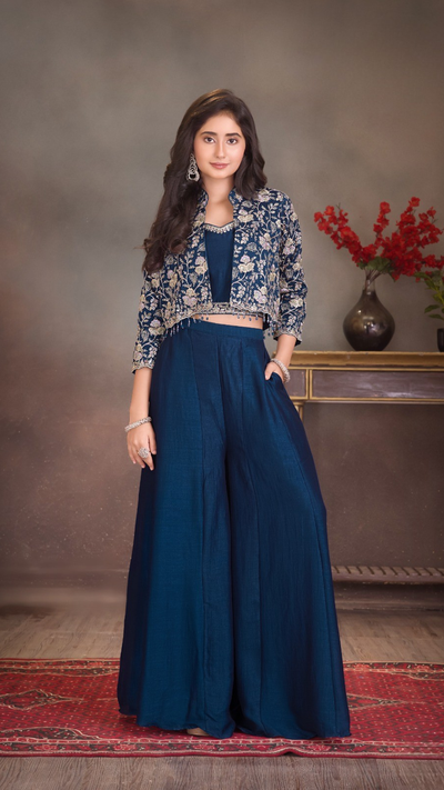 Navy Blue Palazzo Set with Embroidered Jacket for Girls