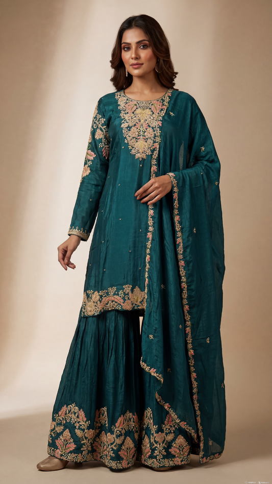 Sky Blue Banarasi Silk Sharara Set with Golden Embroidery – Sheetal Collection
