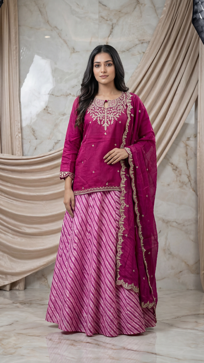Magenta Embroidered Soft Slick Silk Lehenga Set with Leheriya Skirt – Sheetal Collection