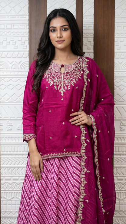 Magenta Embroidered Soft Slick Silk Lehenga Set with Leheriya Skirt – Sheetal Collection