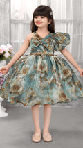 Mint Green One-Shoulder Floral Party Frock for Girls