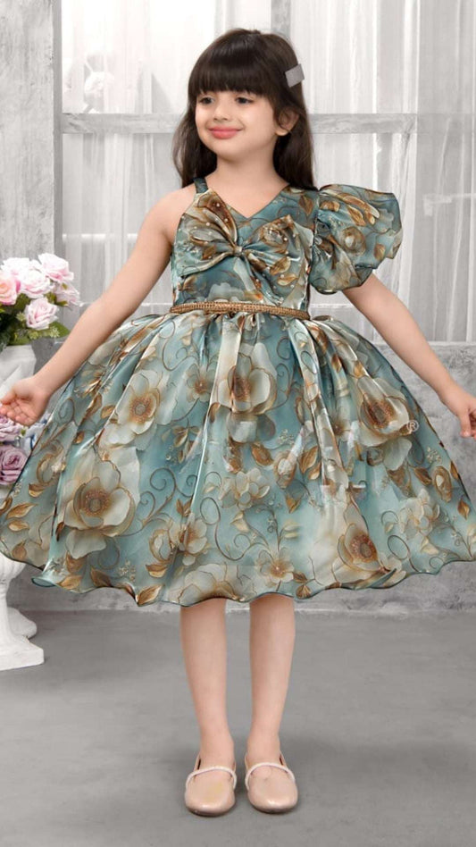 Mint Green One-Shoulder Floral Party Frock for Girls