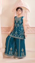 Teal Embroidered Kurta Palazzo Set for Girls