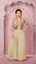 Beige Crop Top Jacket with Wide-Leg Palazzo Set for Girls