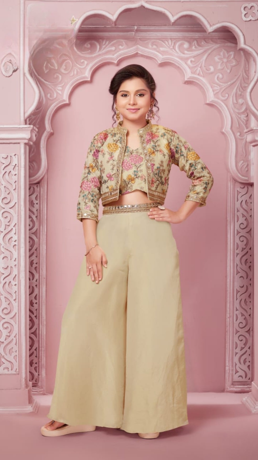 Beige Crop Top Jacket with Wide-Leg Palazzo Set for Girls