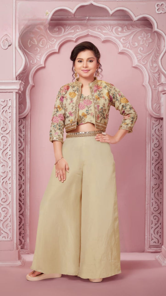 Beige Crop Top Jacket with Wide-Leg Palazzo Set for Girls