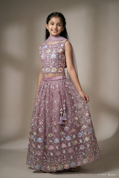 Mauve Pink Embroidered Lehenga Choli Set with Dupatta