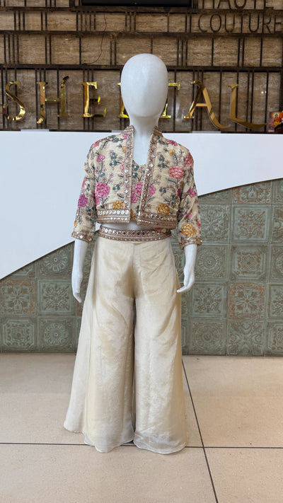 Girls Elegant Floral Embroidered Jacket Palazzo Set