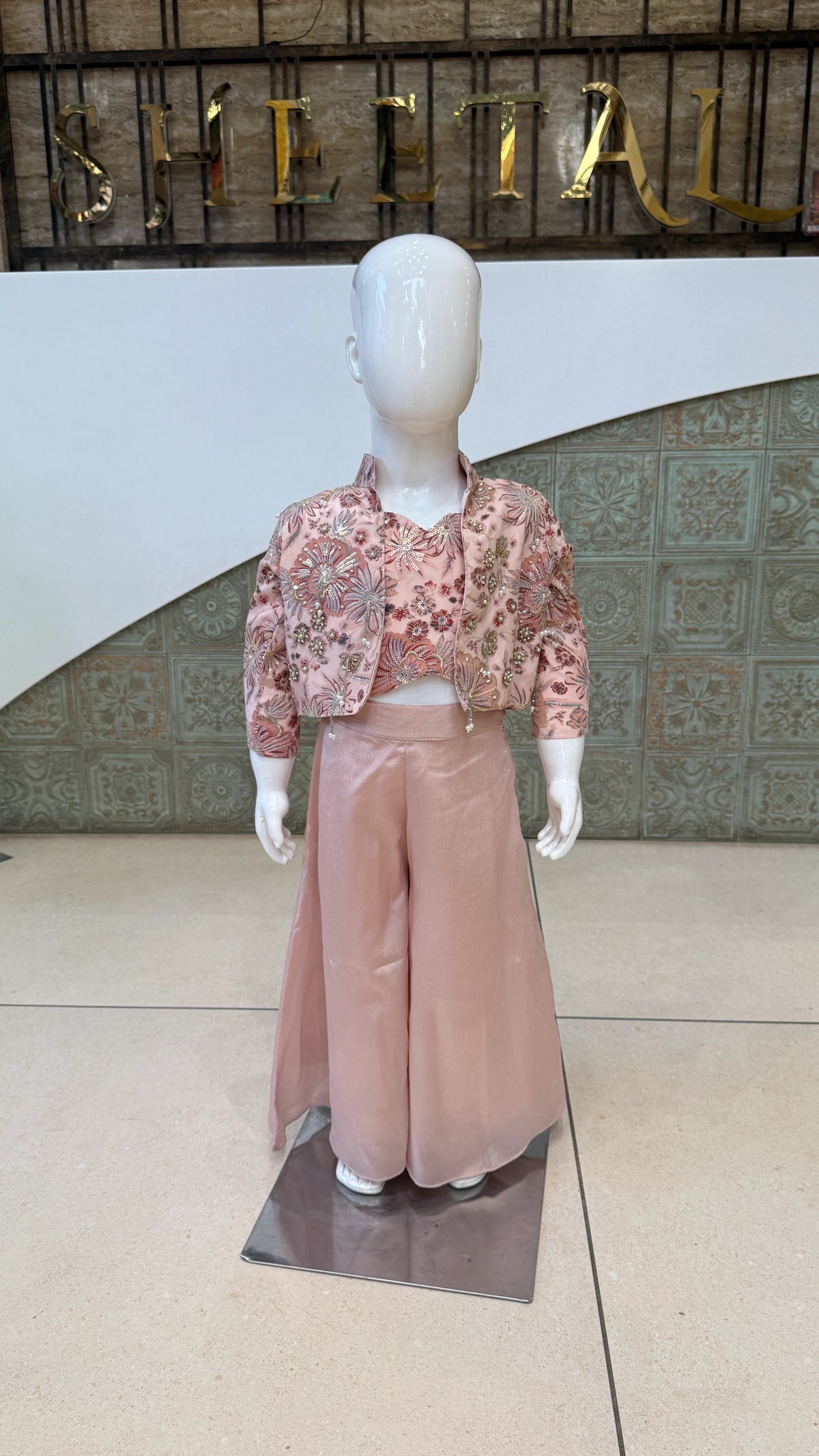Girls Floral Charm Embroidered Jacket Palazzo Set