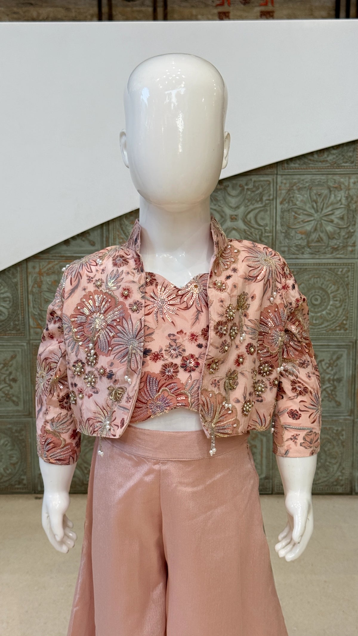Girls Floral Charm Embroidered Jacket Palazzo Set