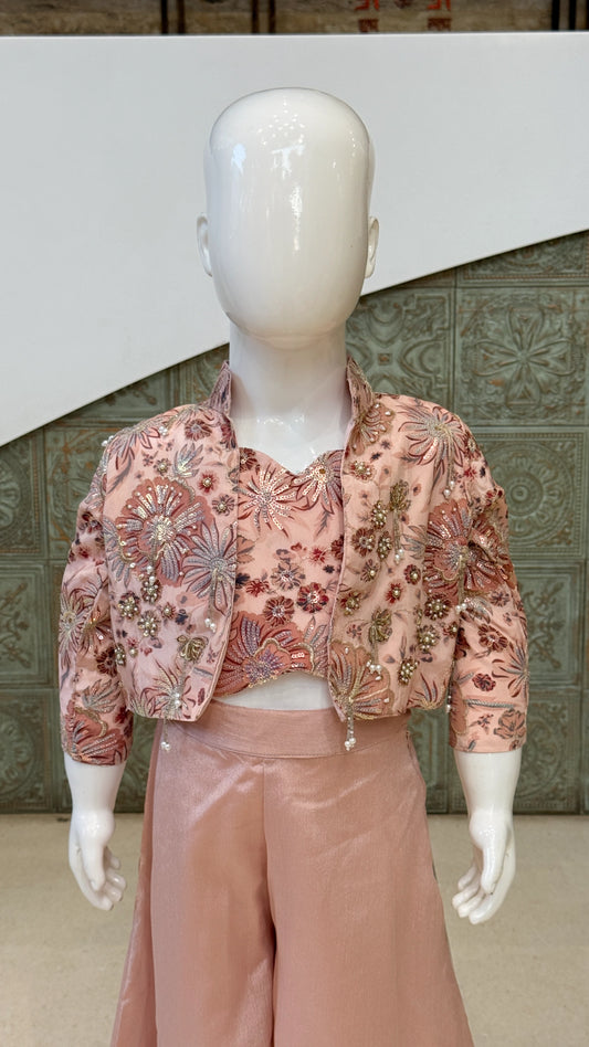 Girls Floral Charm Embroidered Jacket Palazzo Set