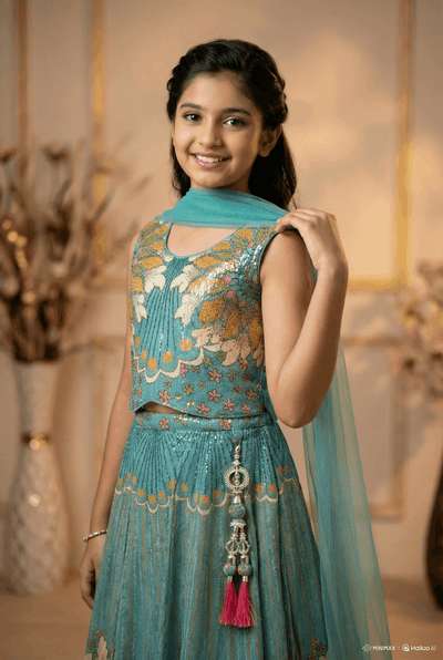 Blue  Floral Embroidered Lehenga Choli Set with Dupatta