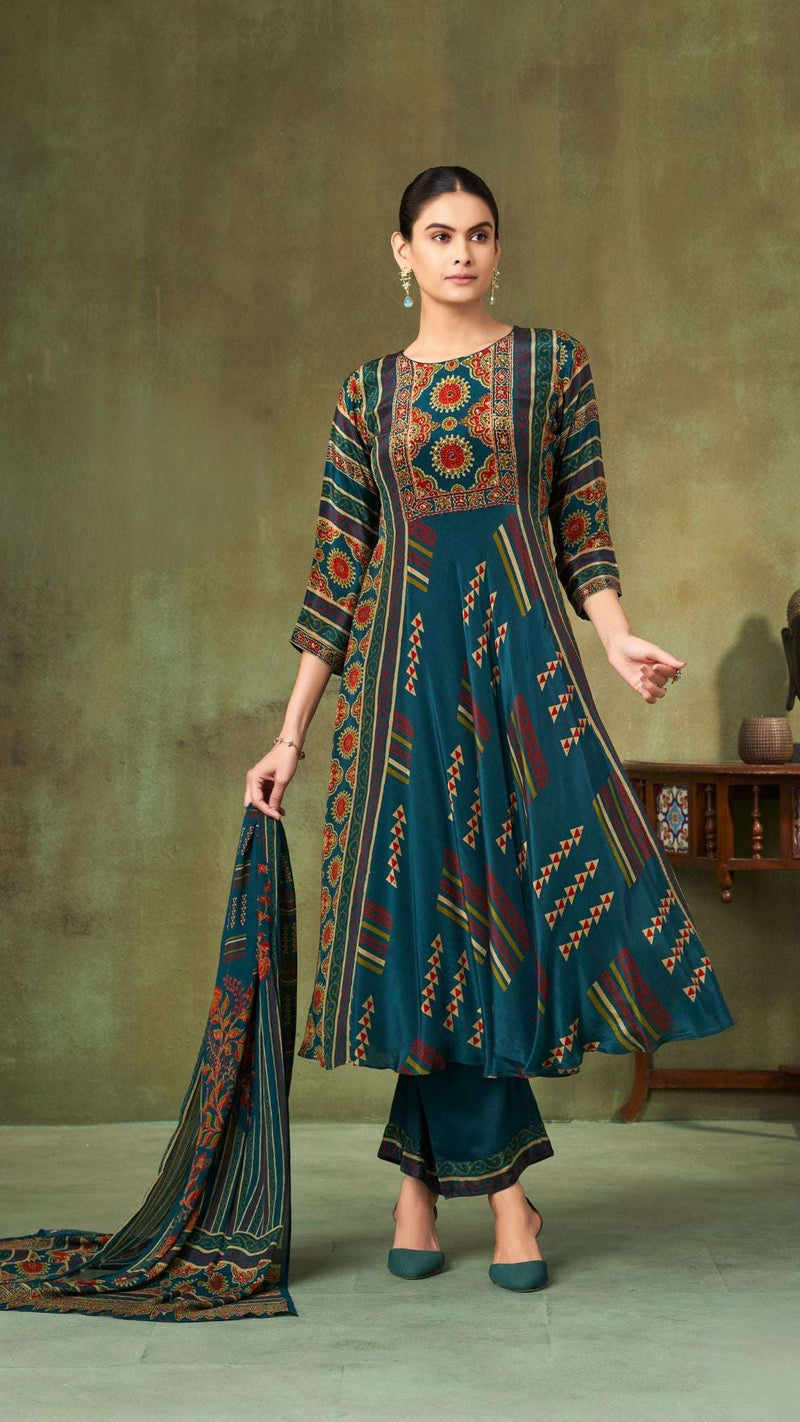 Teal Flared Print Kurta Set